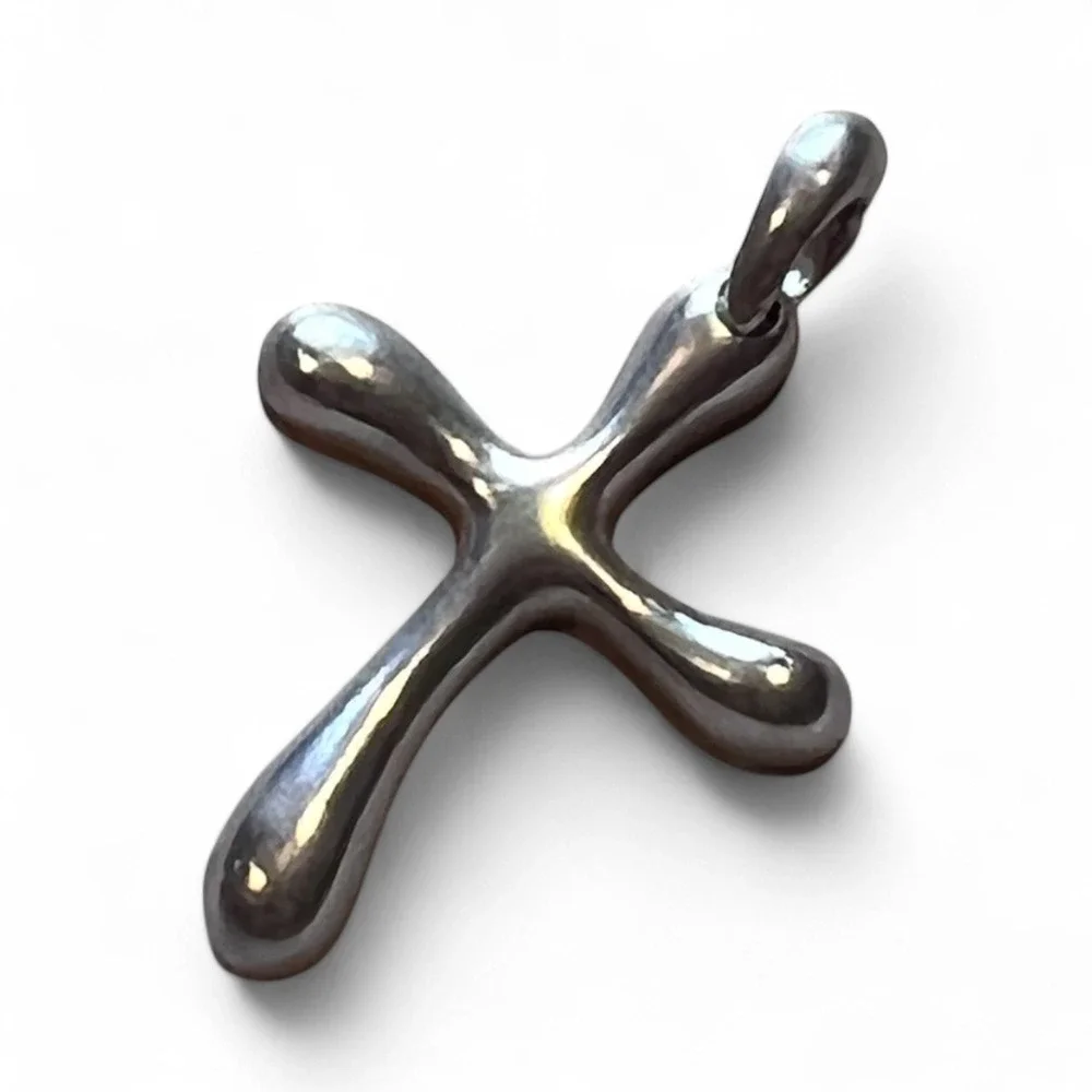 Sterling Silver Cross‎ Pendant Modern Rounded Sculptural Necklace Charm 925 